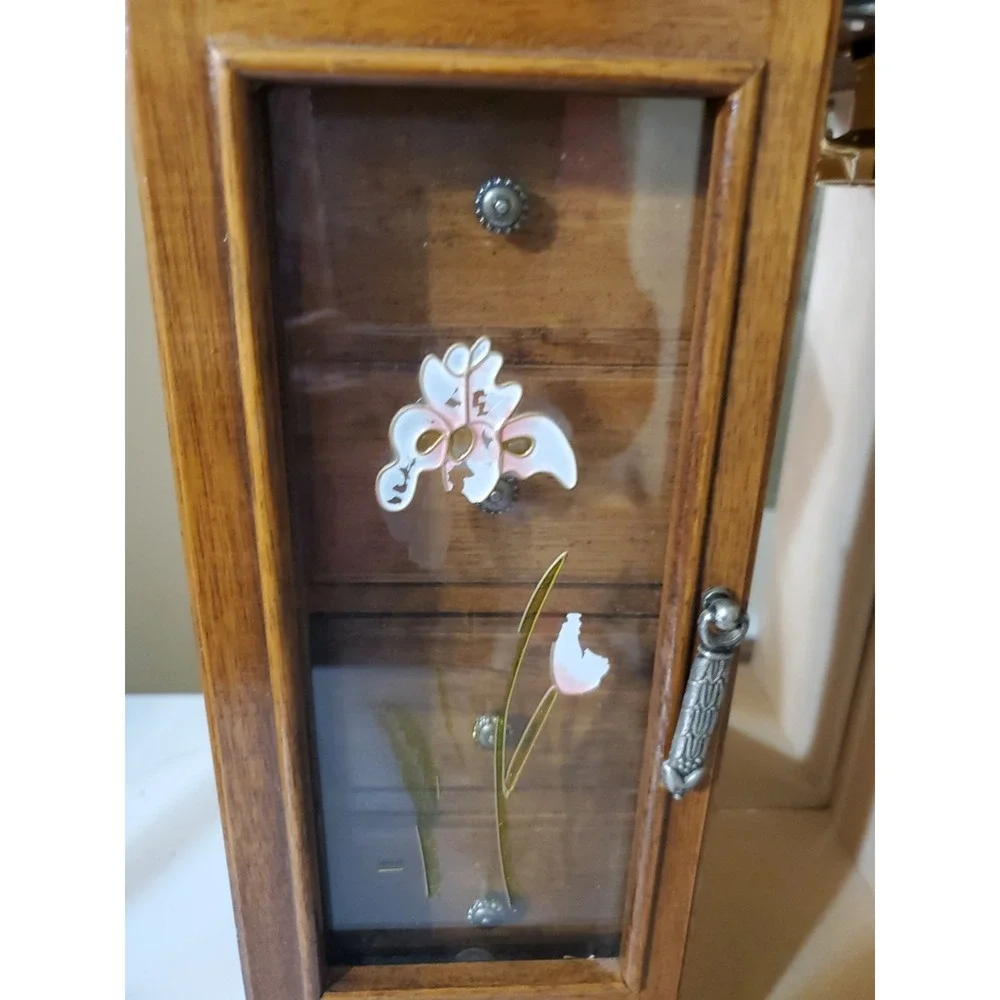 Vtg Tall Jewelry Box With 6 Drawers Mirror Cabinet Hangers Ring & Earring Holder